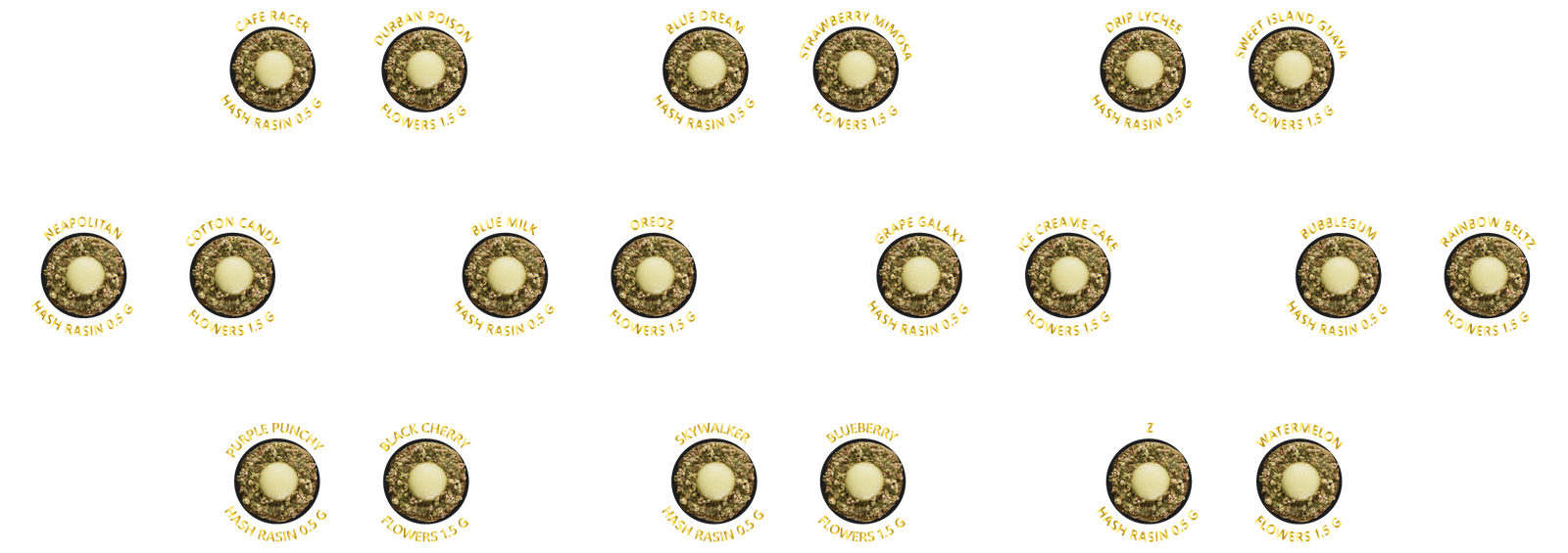 The full MOOD Extracts strain lineup of twenty hash rosin badges